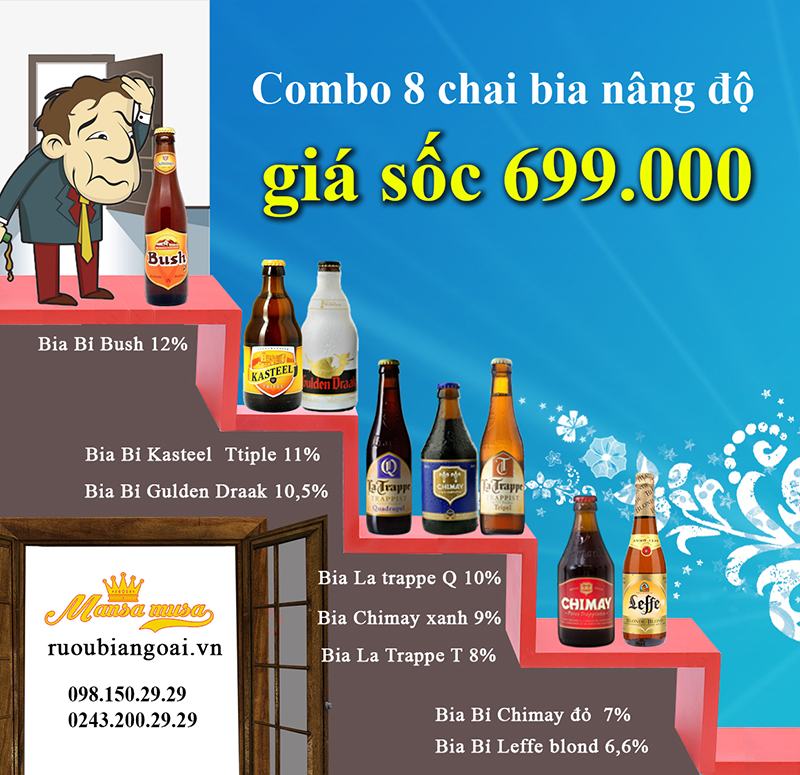 Đại tiệc Bia ngoại combo 8 chai giá sốc 699.000đ uống thả ga